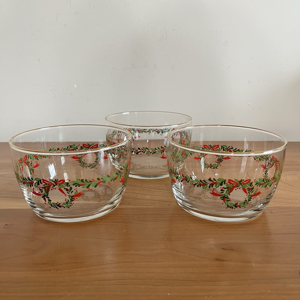 Libbey Clear Glass Christmas Holly Wreath Gold Rimmed Bowl Vintage Set Of 3
